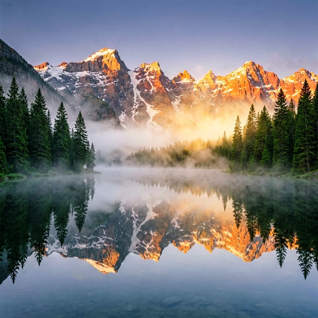 I want a photo of a misty alpine lake at dawn, pines, glassy water, warm light.