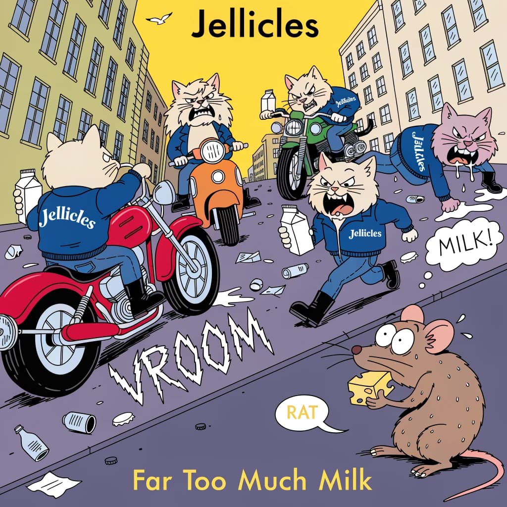 The cartoon rat clenches his thin wedge of cheese and trembles in fear as he hides from the menacing Jellicles, the roaming cat motorcycle gang, all wearing their colors with the name on the back. The cats have all drunk far too much milk and are causing a big ruckus! One cat is close to finding the rat