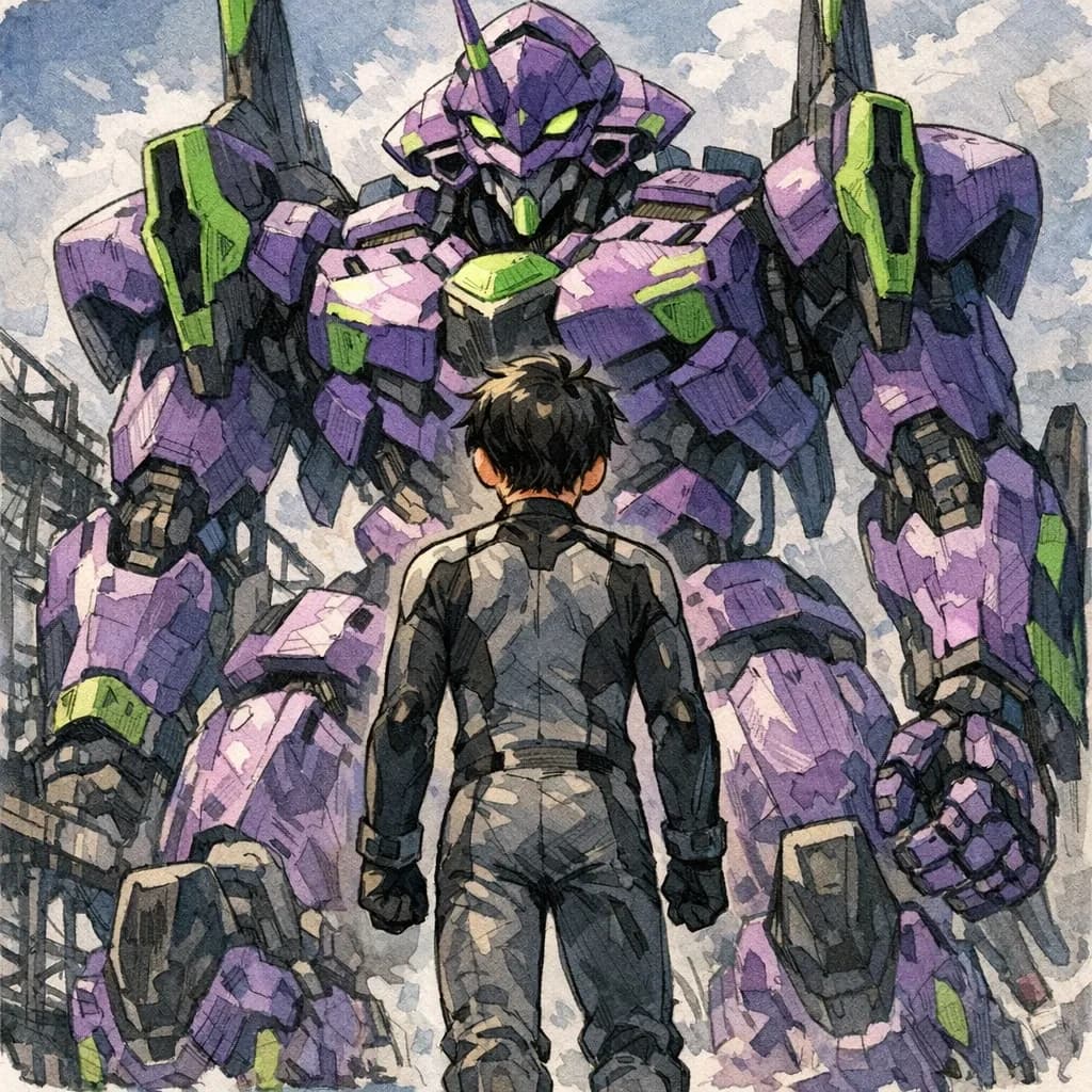 Clad in his body suit up to the neck, young Masa nervously approaches the towering mech with his back facing us. He is nervous for his first time in the field. The mech's bright purple colour scheme contrasts with the grey body suit. The scale of the mech dwarfs Masa. Hand drawn style