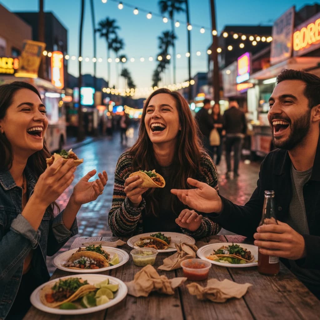 Friends laugh over street tacos at dusk, candid, shallow depth.