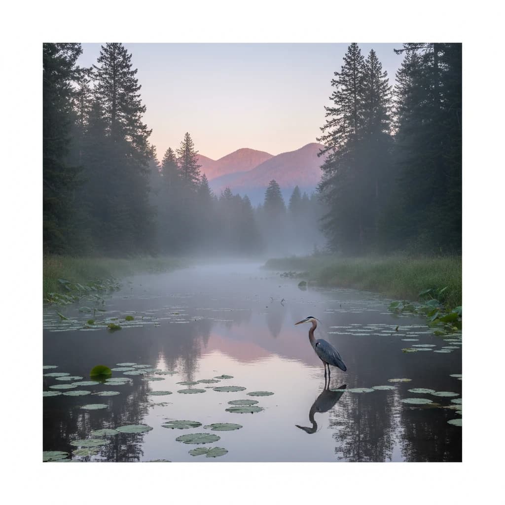 With pre-dawn mist along a cedar forest river and glassy water dotted with lily pads, distant mountains blush pink, and a heron stands still like it forgot what to do next.