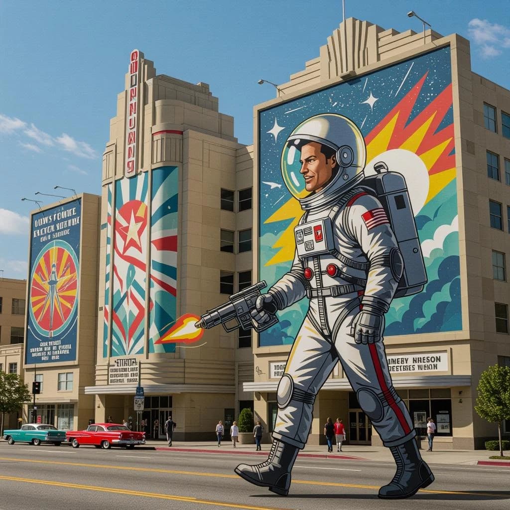 Raygun-toting astronaut in a bubble helmet strolls past art deco billboards.