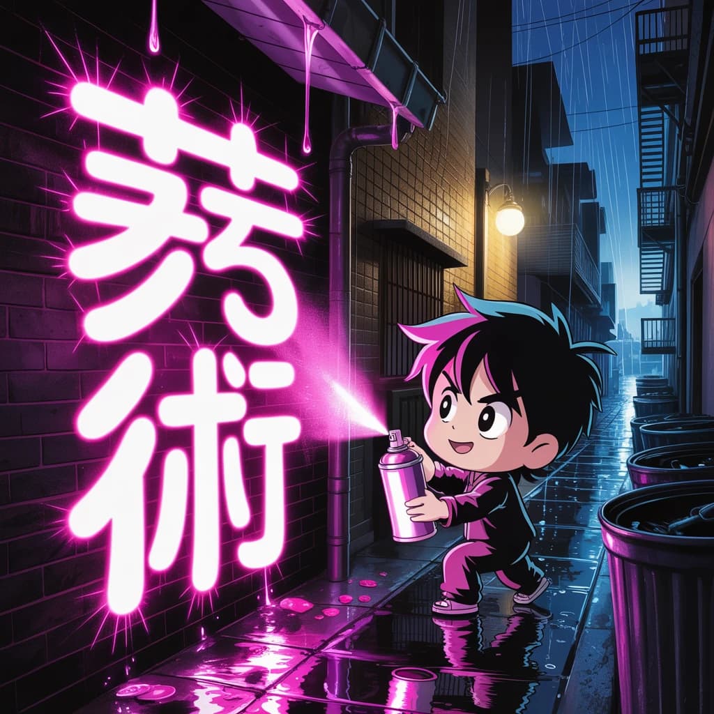 Chibi artist sprays huge neon kanji on a rainy alley wall, with sparkles.