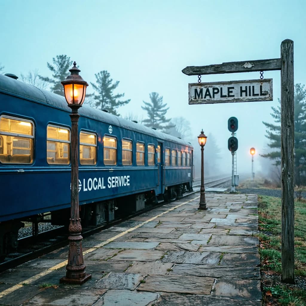 A commuter train enters a foggy little station.