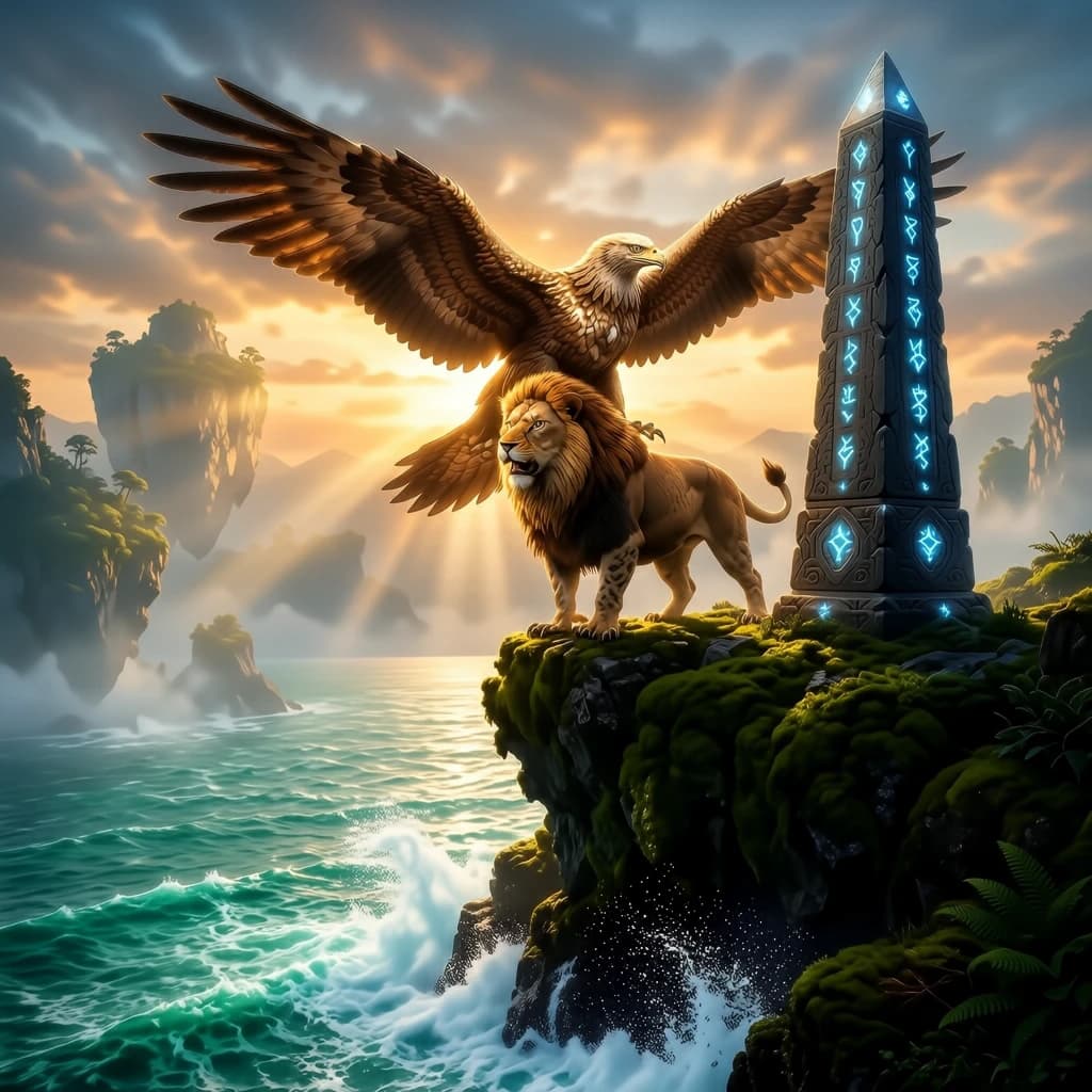 At dawn, a winged griffin lands on a mossy cliff above a jade sea beside a runed obelisk; floating isles drift under golden sunbeams, with a bit of sea spray and glowing runes.