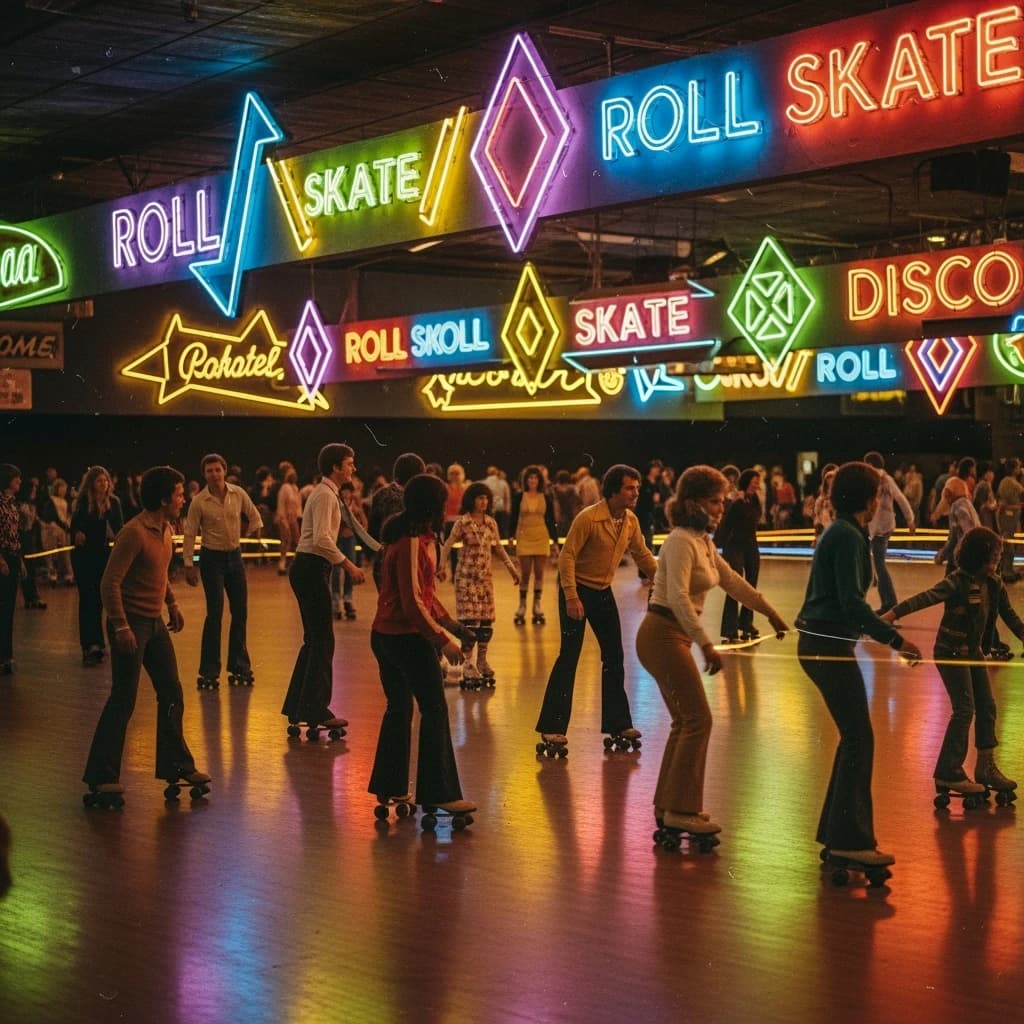 A 1970s roller rink crowd skates under neon, with a bit of fade and film grain.