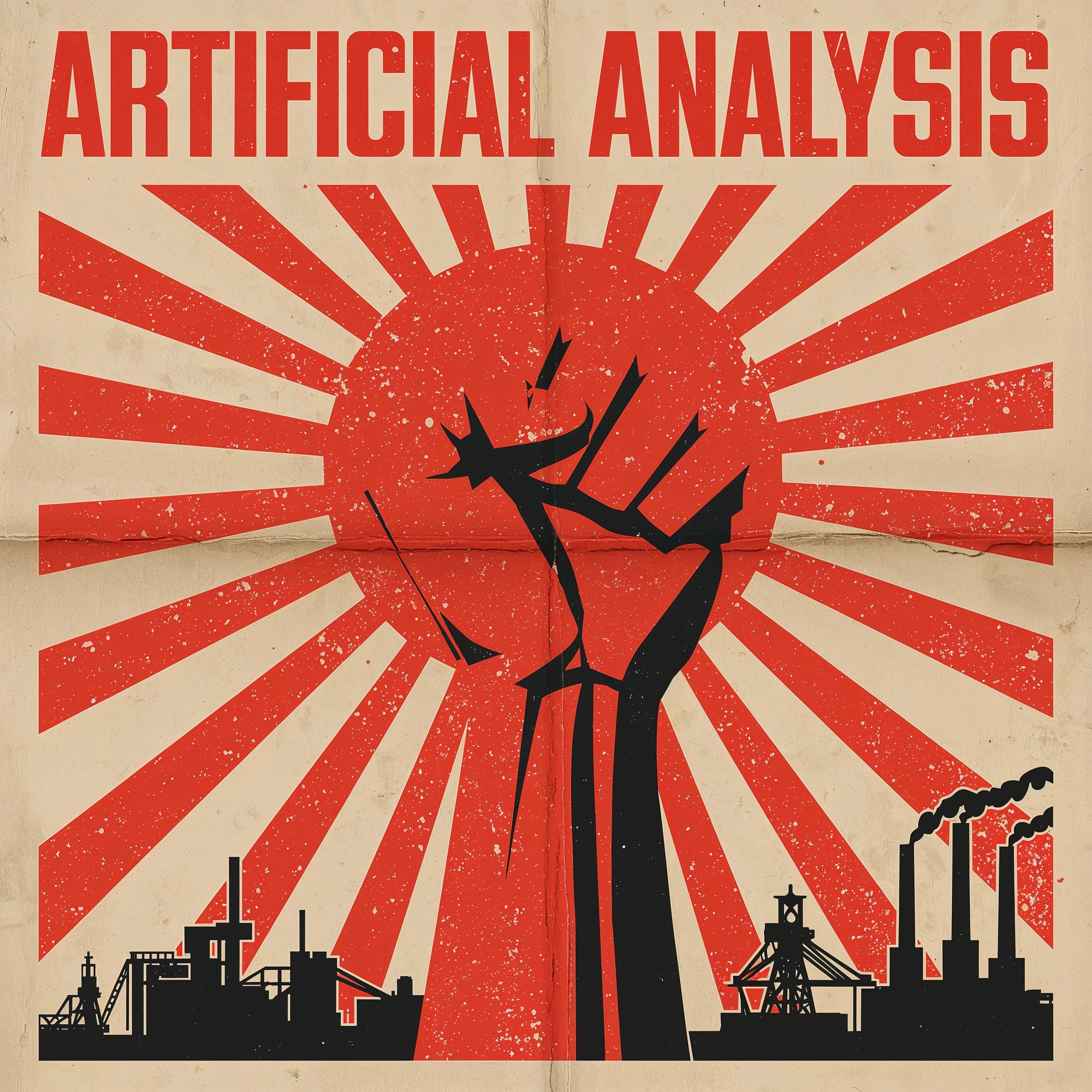 A propaganda poster in stark red, black, and beige. A clenched fist rises in the foreground, rendered with sharp geometric blocks. Behind it, radiating lines stretch upward toward a stylized sun. At the top, bold sans-serif lettering in Cyrillic-inspired type spells out Artificial Analysis, tilted at an angle for emphasis. A factory skyline silhouettes the bottom edge, smoke stacks rising into the background. The texture is rough, printed on aged paper with visible creases and ink bleed. Designed in the constructivist Soviet poster style.