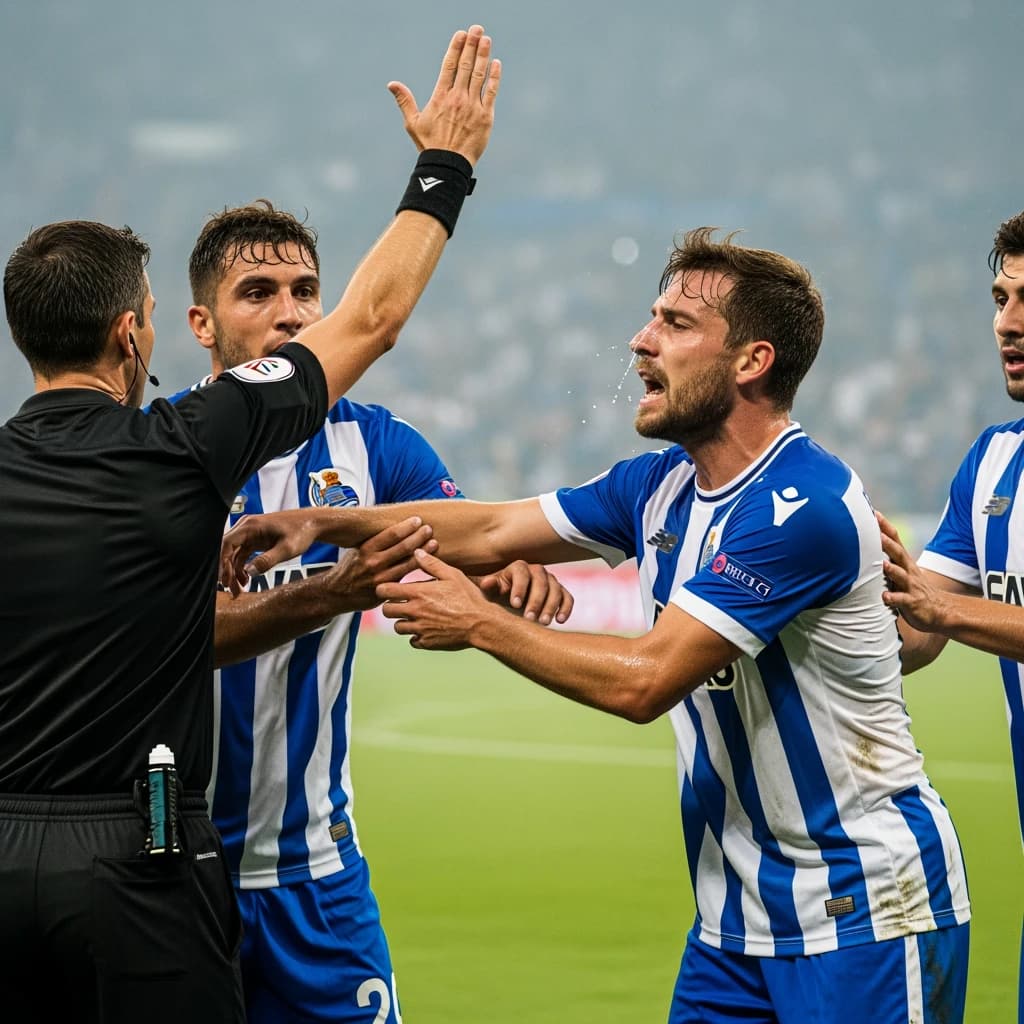 The soccer player clashes with the ref. It is thick and humid and the heat is getting to the players. His friend tries to pull him off before he causes any more trouble.