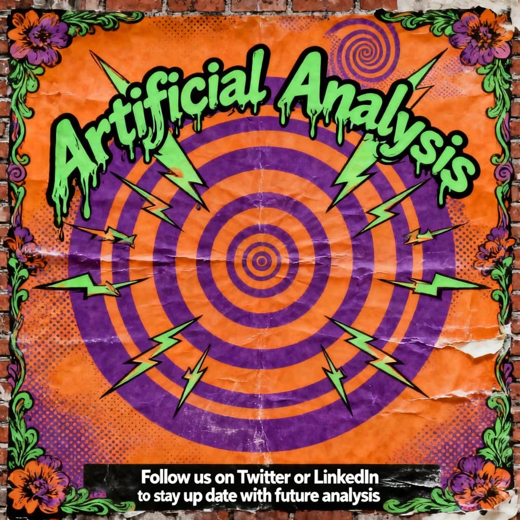 A portrait layout psychedelic concert poster from 1972 bathed in saturated oranges, deep purples, and acid greens. Swirling, hand-drawn typography arcs across the top, spelling out Artificial Analysis in bold, distorted letters that melt into spirals. Surrounded by radiating concentric circles and lightning-bolt motifs. The background is textured with halftone dots and faded paper creases, evoking a well-worn poster taped to a brick wall. Ornate floral borders frame the design, while the bottom features blocky retro lettering listing “Follow us on Twitter or LinkedIn to stay up to date with future analysis” in smaller text. 