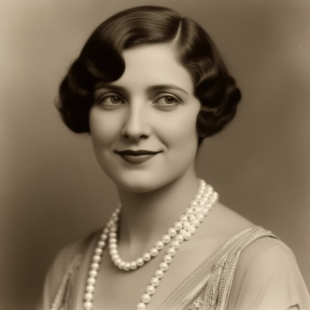 Sepia-toned studio portrait of a flapper with pearl necklace, soft grain.