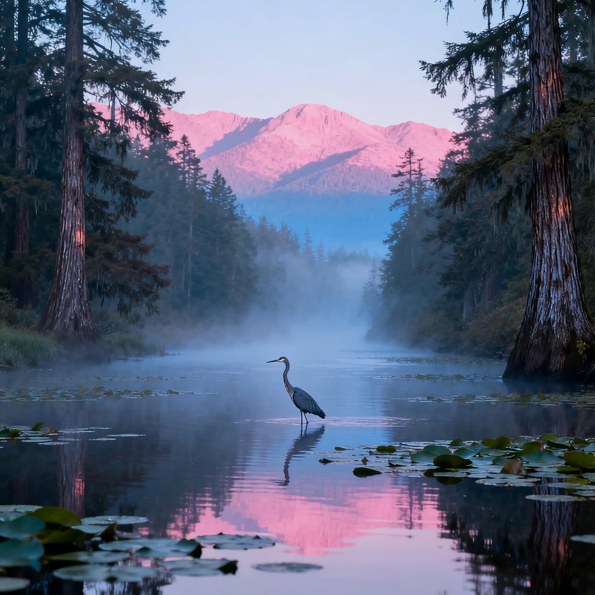 With pre-dawn mist along a cedar forest river and glassy water dotted with lily pads, distant mountains blush pink, and a heron stands still like it forgot what to do next.
