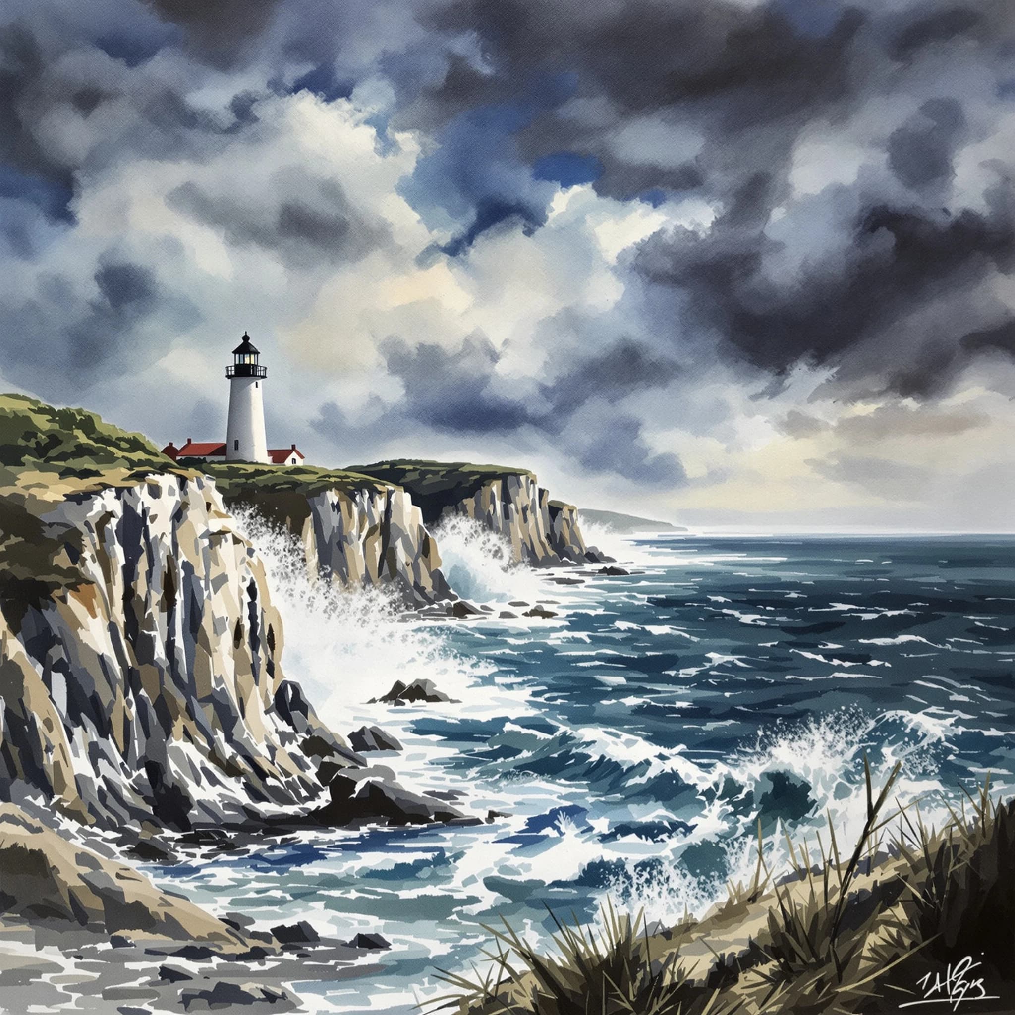 Please paint a watercolor of stormy cliffs and a lighthouse, moody sky.