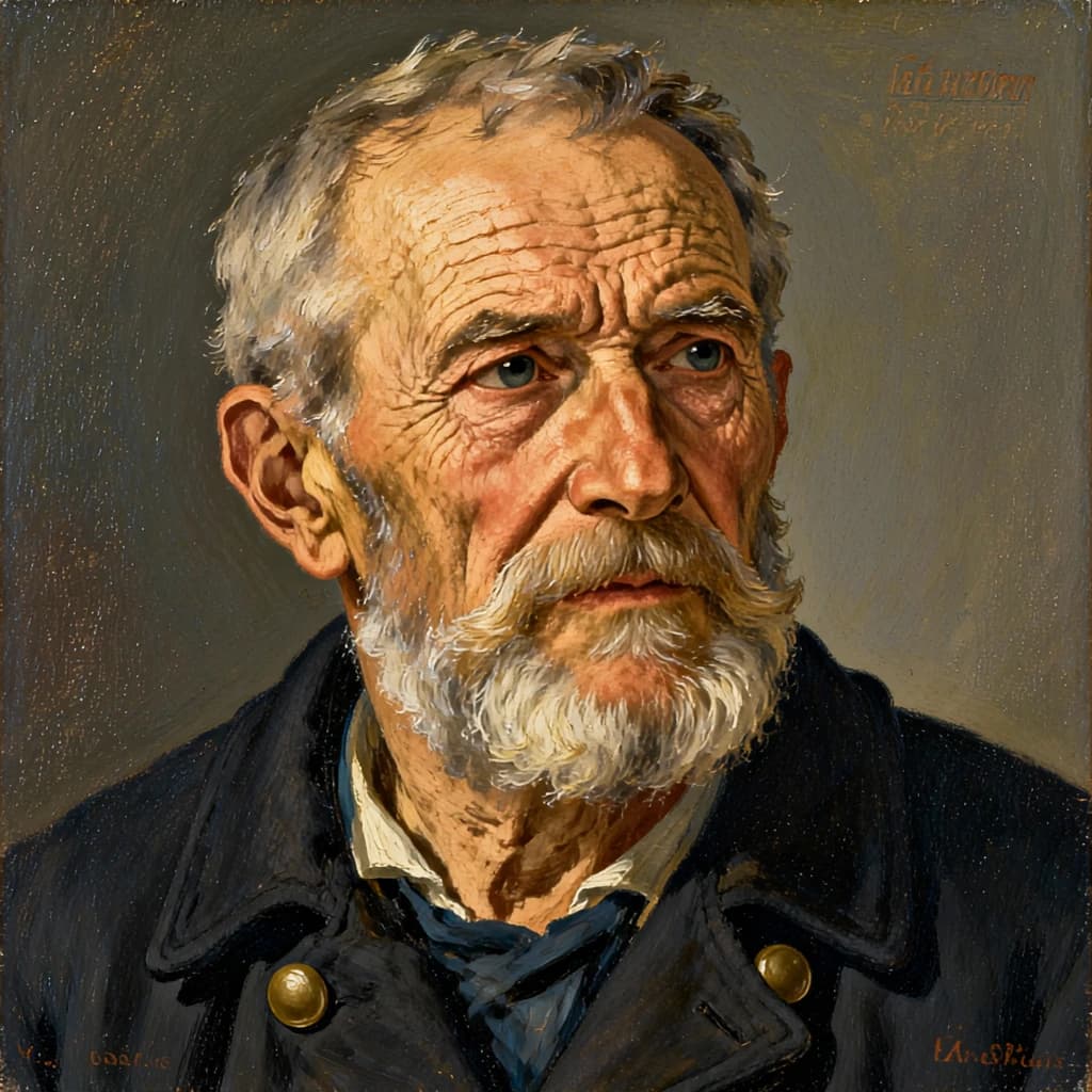 Oil on canvas portrait of an elderly sailor, weathered face, soft light.