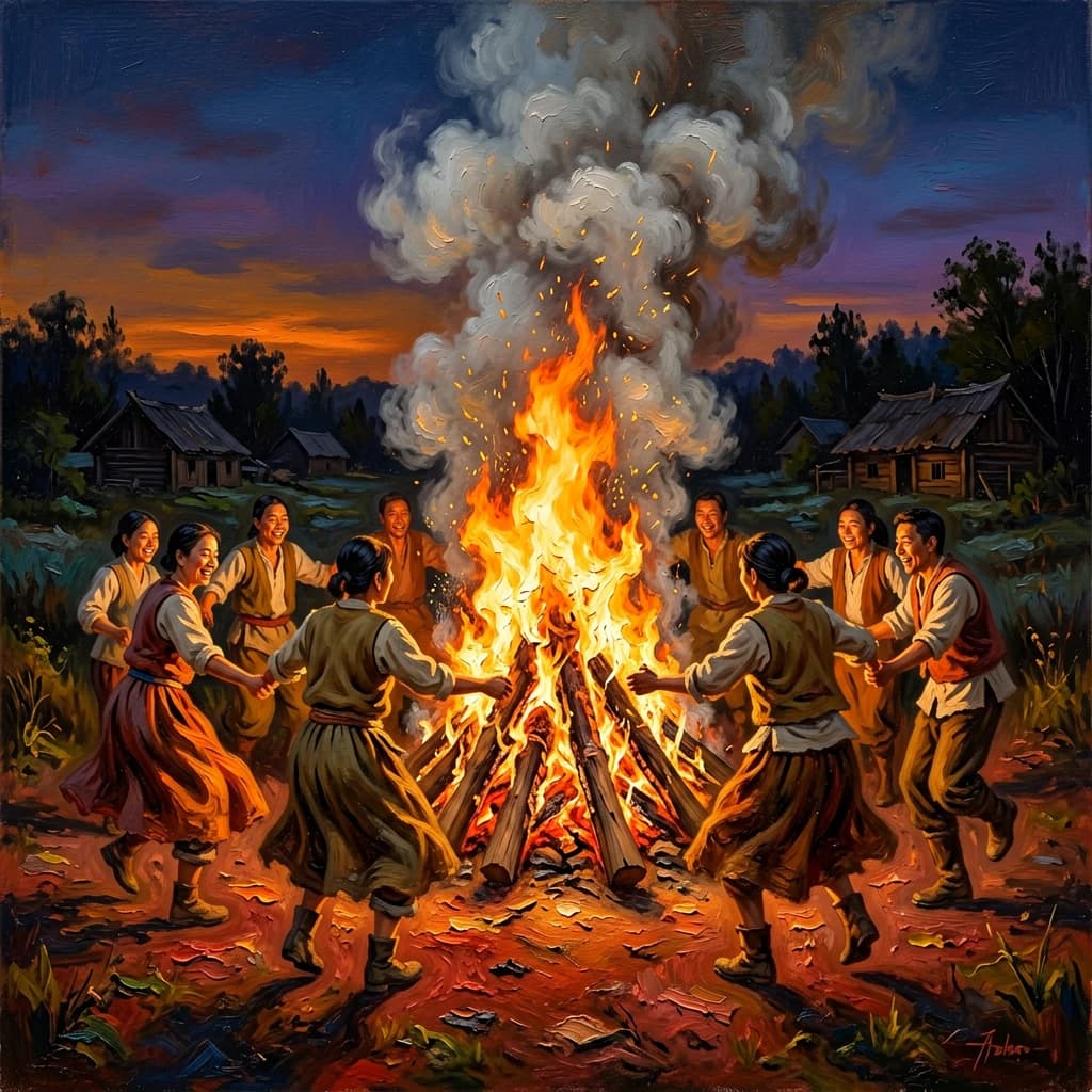 Make an oil painting of villagers dancing by a bonfire at dusk, a bit smoky.