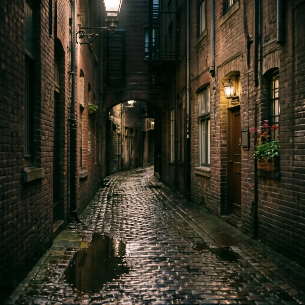 Show a narrow brick alley with wet cobblestones.