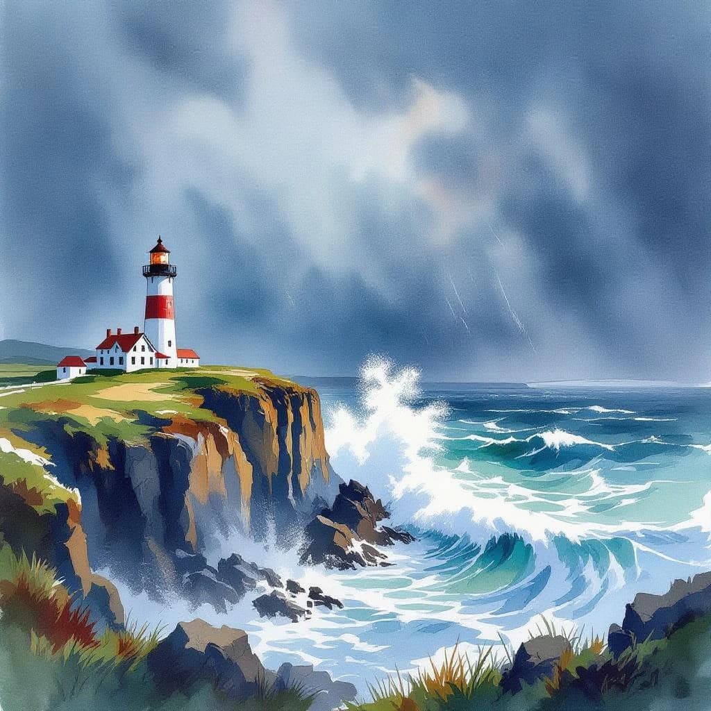 Please paint a watercolor of stormy cliffs and a lighthouse, moody sky.