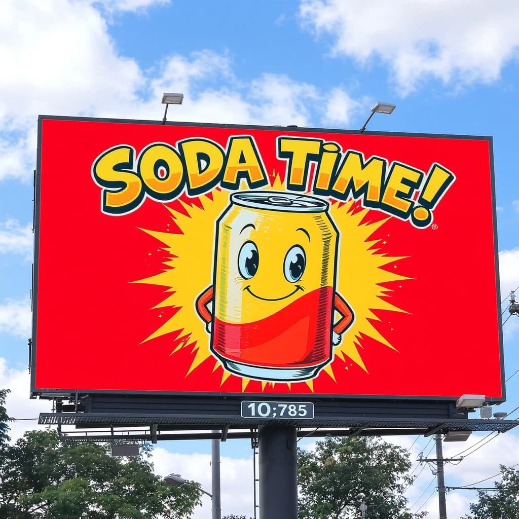 Design a bright soda billboard ad with a bubbly can mascot, thick inky lines.