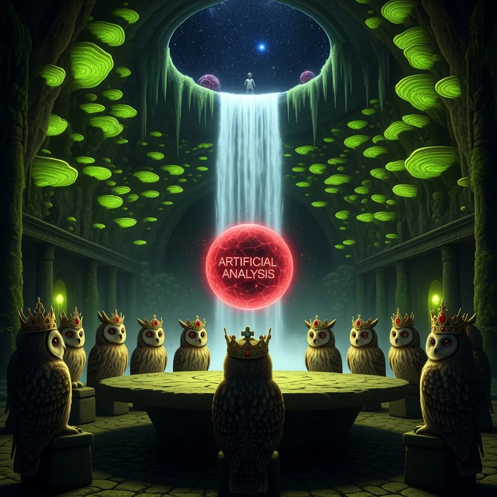 In a cavern lined with bioluminescent fungi glowing lime green, the council of owls wear jeweled crowns that glimmer with rubies, their wings folded behind their backs. Dust coats the stone table, a glowing orb inscribed with “Artificial Analysis” hovers above the table illuminating the owls with its red pulsating light. Behind them, a waterfall falls upward into a ceiling that opens onto stars - a child looks down in wonder from above at what he has stumbled across.