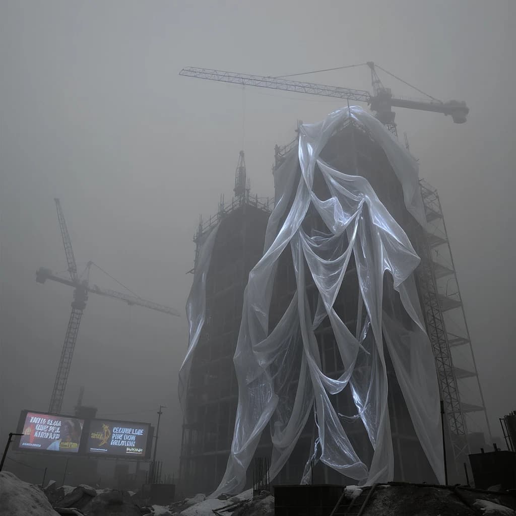 A construction site stretched upward into fog, cranes frozen in silhouette. Wind rattled scaffolding draped with torn mesh that glowed faintly from nearby billboards