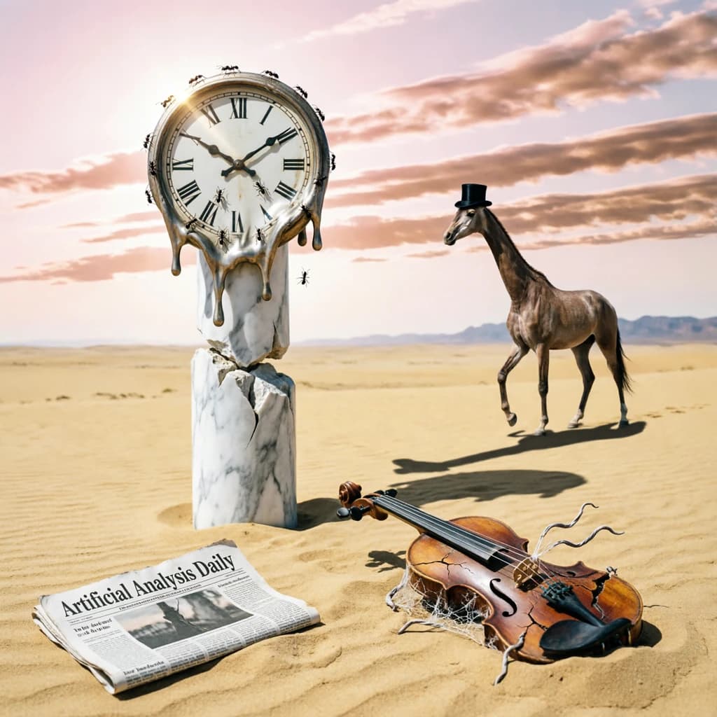 A vast desert plain stretches endlessly under a sky streaked with pale pink and ochre clouds. In the center stands a colossal clock, its face drooping and melting over the edge of a broken marble column. Ants swarm across its warped surface, glinting in the harsh sunlight. To the right, a horse with a giraffe like neck wearing a top hat strides toward the horizon, its shadow stretching miles across the sand. A cracked violin lies half-buried in the foreground, strings snapping outward like veins. Painted in the dreamlike surrealist style. A newspaper named the "Artificial Analysis Daily" lies on the Floor.