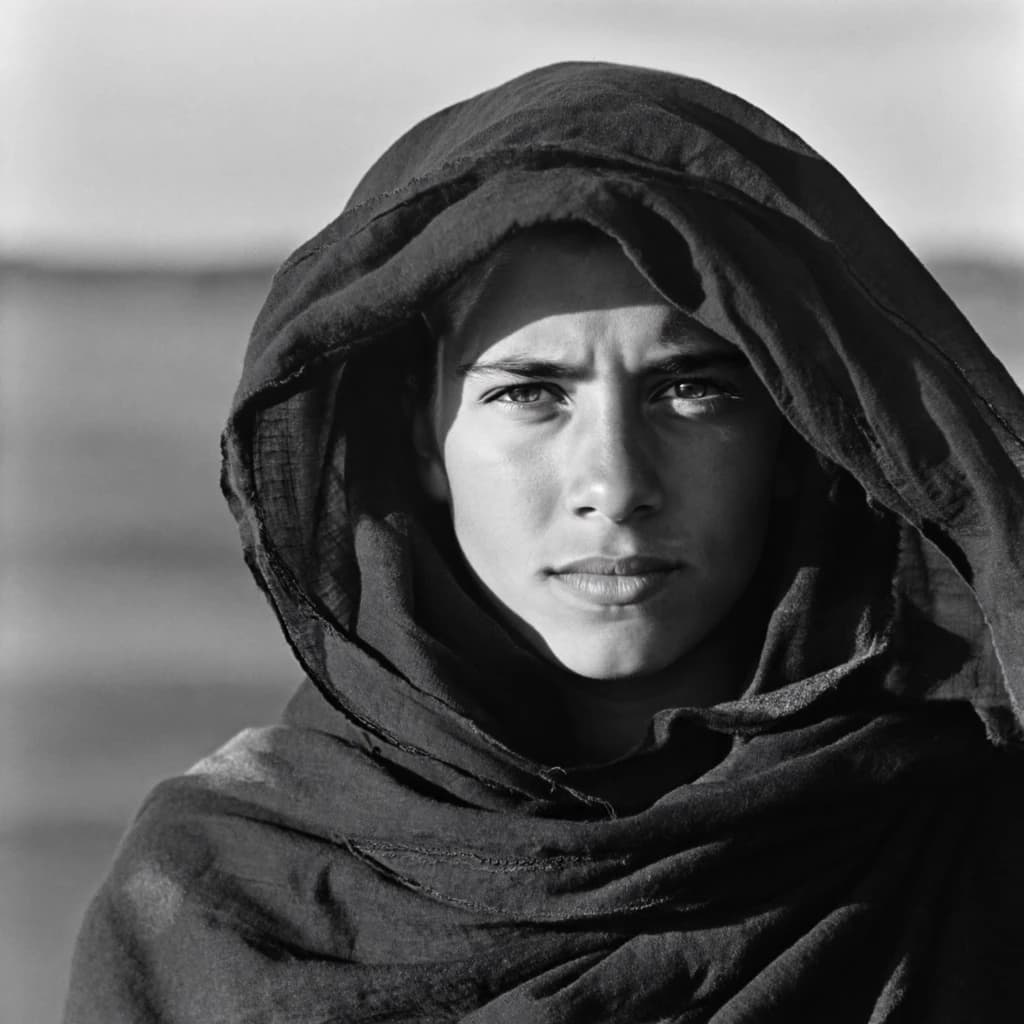 A dramatic black-and-white portrait of a young person draped in a hooded garment, their face framed by the hood's dark folds. Their skin tone and the subtle sheen on their cheeks create striking tonal contrast against the deep shadows. Their eyes are piercing, looking directly into the lens with a calm, steady intensity—neither confrontational nor submissive, but deeply present. The texture of the fabric is visible: it's dense, slightly weathered, and whisper-thin creases catch the light. In the background, an expansive, out-of-focus landscape suggests open space—perhaps distant plains or water—though the details remain soft and abstract. The overall mood is silent yet powerful, poised between vulnerability and resilience, with every highlight and shadow telling part of their story.