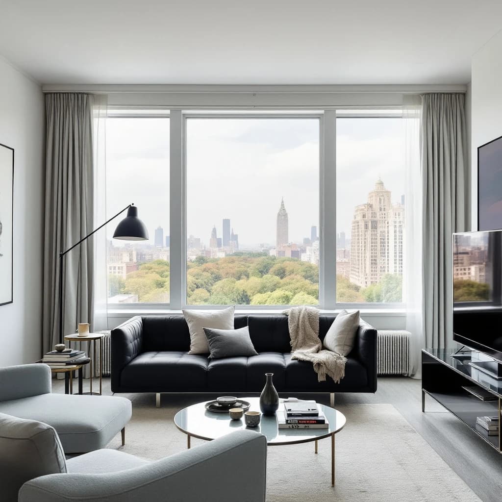 My apartment overlooks Central Park. It’s very luxurious, very expensive, and the furniture is minimal — a black leather couch, a glass coffee table with chrome legs, an Arne Jacobsen floor lamp. A big-screen television set rests on a steel shelving unit. A David Onica painting hangs above the couch. There’s a stainless steel and glass cocktail table. A powder-blue sofa. A thirty-inch digital TV.