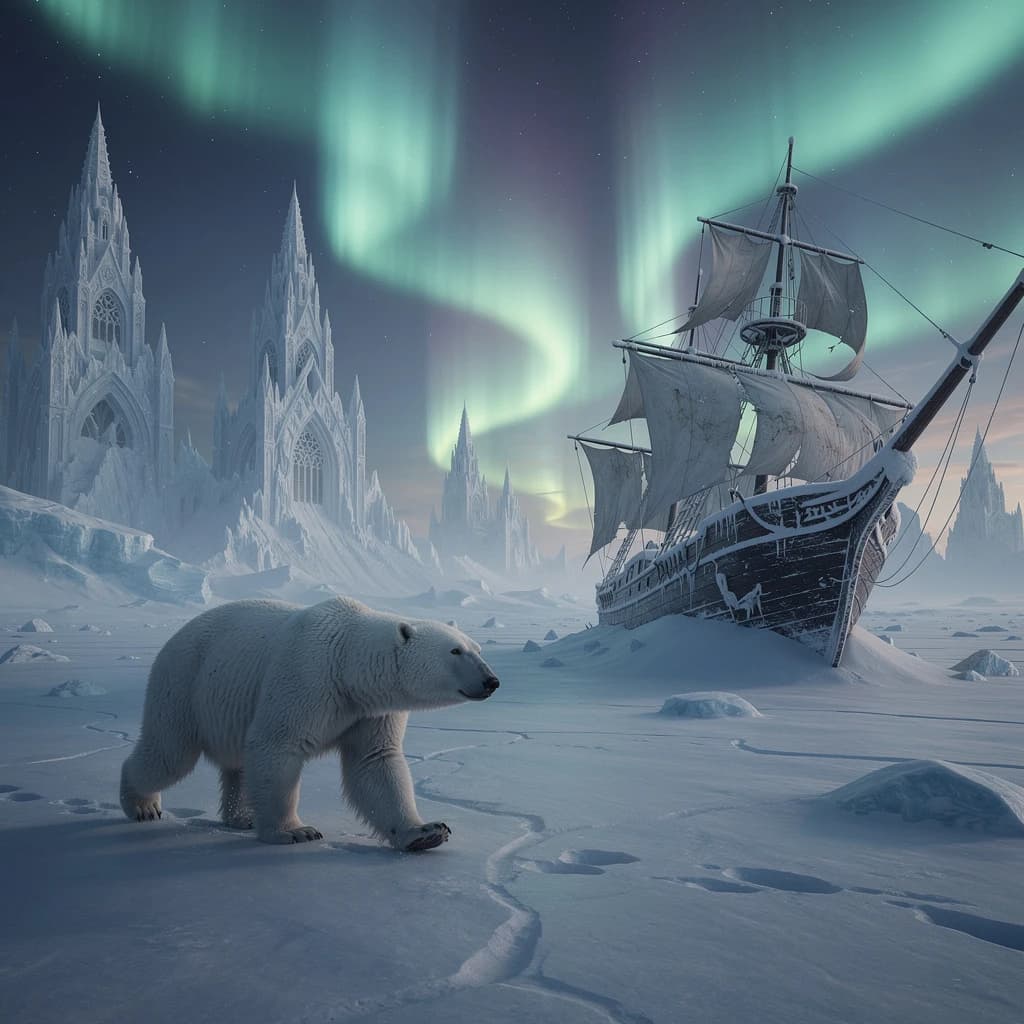 An endless tundra stretches outward, littered with jagged icebergs shaped like cathedral spires. A polar bear trudges across the foreground but leaves no tracks. Auroras ripple overhead. A half-buried shipwreck juts from the snow — sails billowing despite the still air.