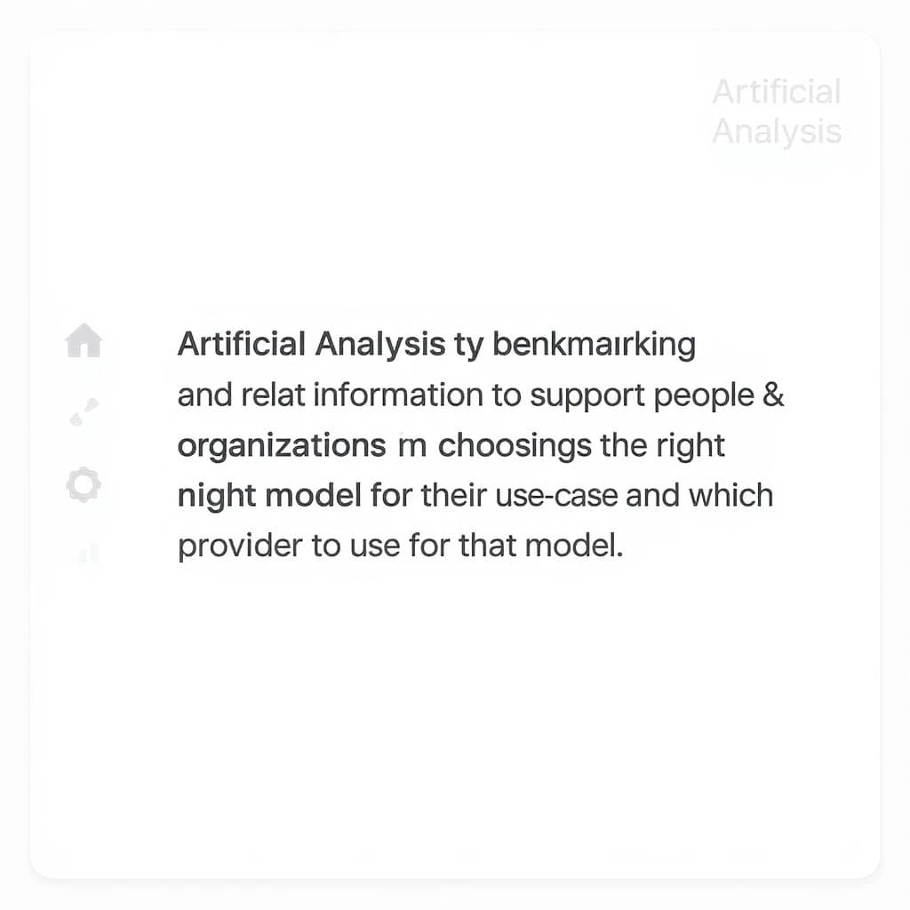 On a high-resolution dashboard mockup with a clean white background, display a centered text module in Helvetica Neue Regular, 18pt, black: “Artificial Analysis provides benchmarking and related information to support people & organizations in choosing the right model for their use-case and which provider to use for that model.” The text box is justified, but the final word wraps awkwardly onto its own line. To the left, a vertical navigation bar in light gray with three icons - home, chart, and settings - aligned evenly but casting misaligned shadows. In the upper right, the Artificial Analysis logo appears faintly, semi-transparent, watermarked over the corner of the interface.