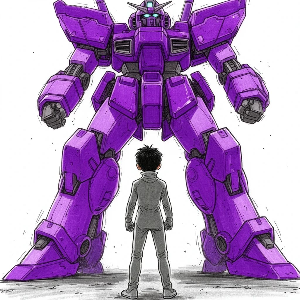 Clad in his body suit up to the neck, young Masa nervously approaches the towering mech with his back facing us. He is nervous for his first time in the field. The mech's bright purple colour scheme contrasts with the grey body suit. The scale of the mech dwarfs Masa. Hand drawn style