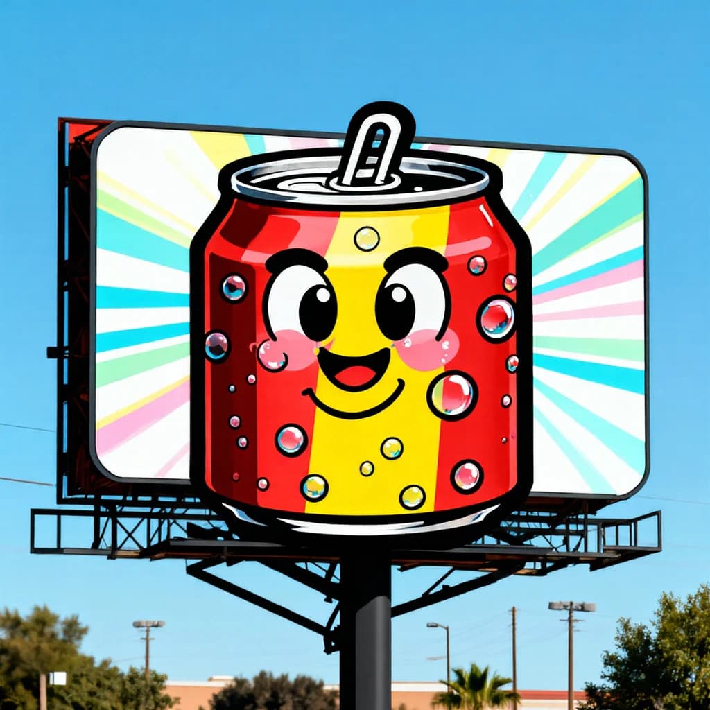 Design a bright soda billboard ad with a bubbly can mascot, thick inky lines.