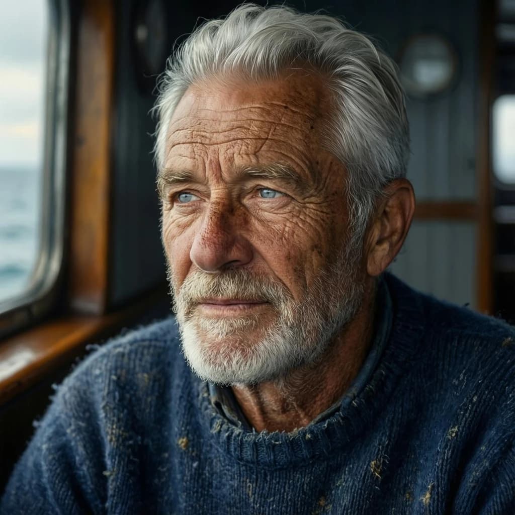 Oil on canvas portrait of an elderly sailor, weathered face, soft light.