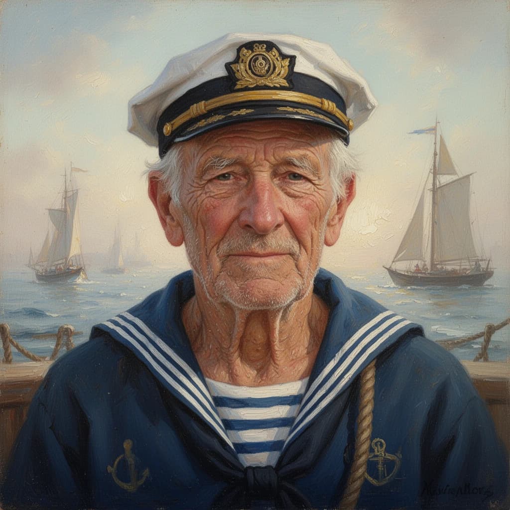 Oil on canvas portrait of an elderly sailor, weathered face, soft light.