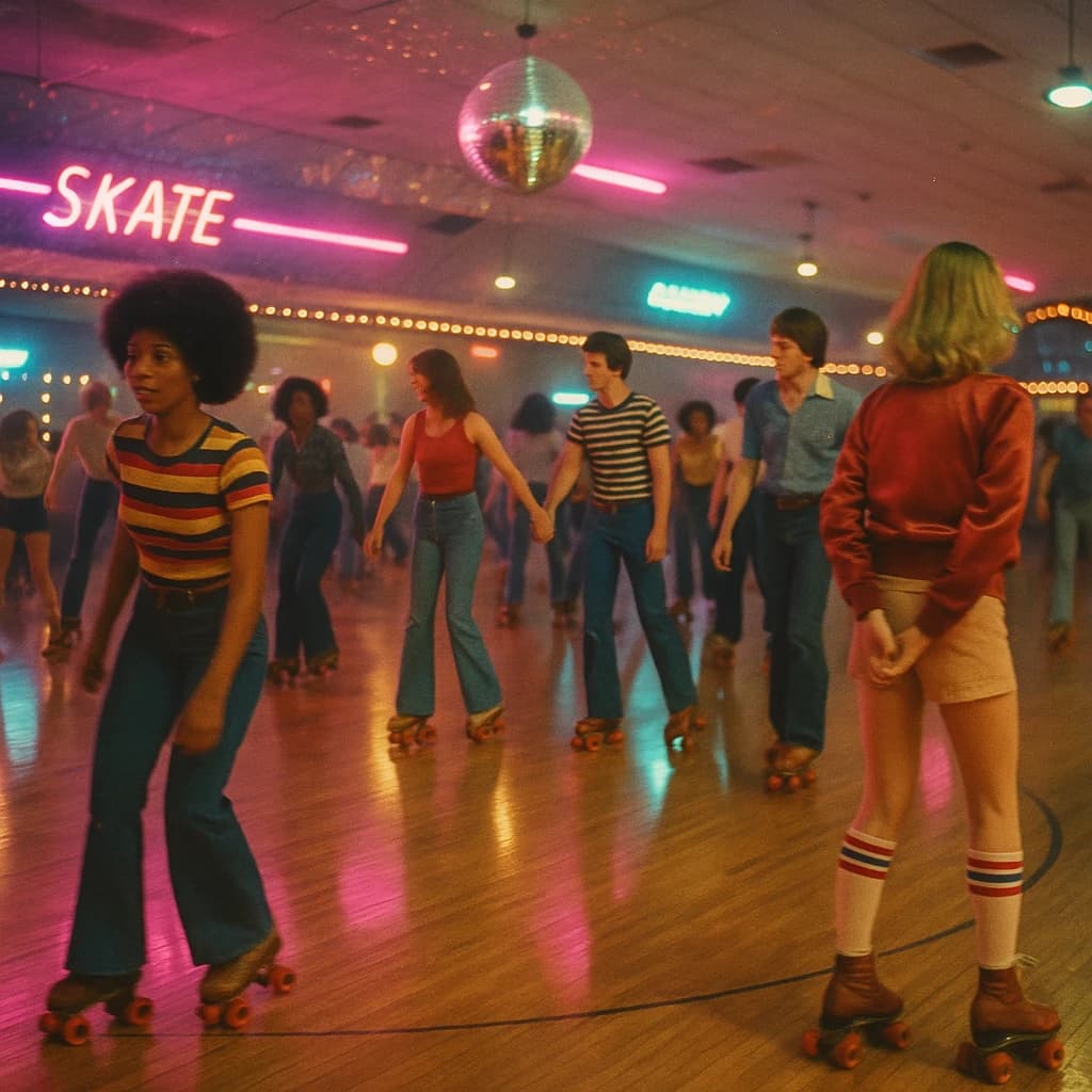 A 1970s roller rink crowd skates under neon, with a bit of fade and film grain.