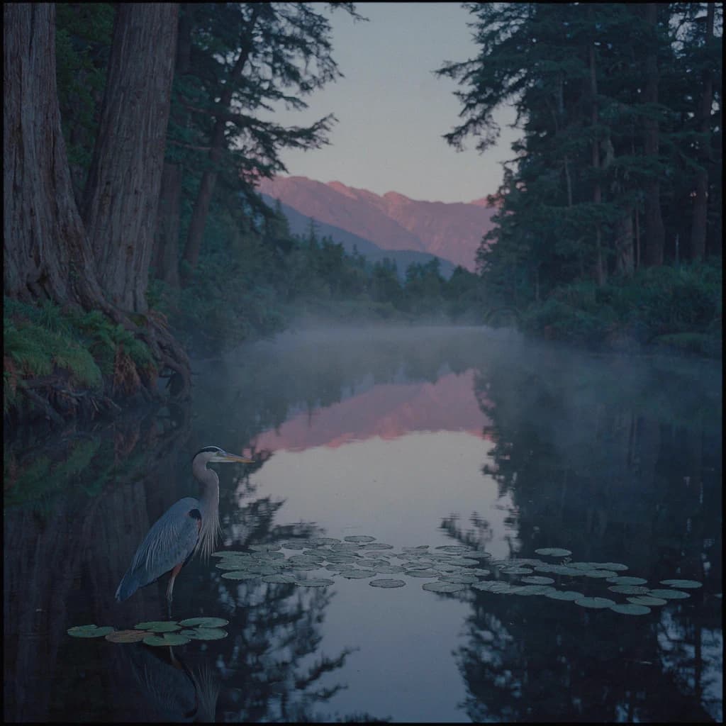 With pre-dawn mist along a cedar forest river and glassy water dotted with lily pads, distant mountains blush pink, and a heron stands still like it forgot what to do next.