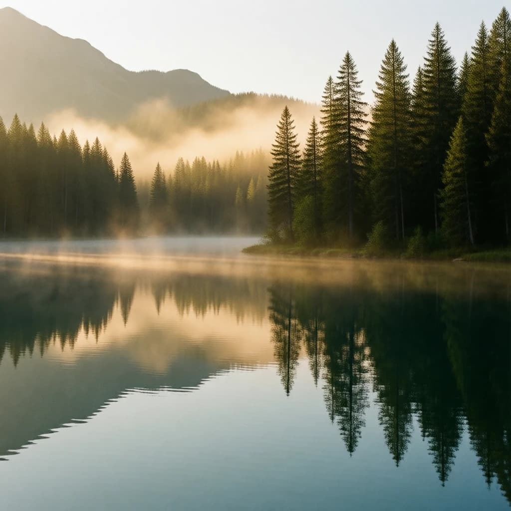 I want a photo of a misty alpine lake at dawn, pines, glassy water, warm light.