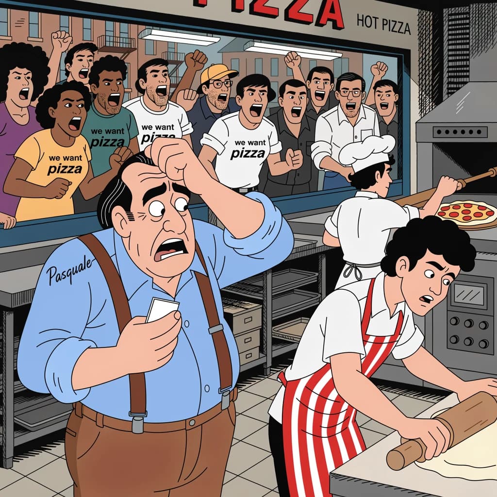 Pasquale is pulling his few remaining hairs out over a disaster at the pizzeria - the cooks are working as fast as they can but the crowds outside are swelling and they demand hot hot pizza! They are banging on the glass and some are wearing "we want pizza" shirts. 1980s western TV animation style.