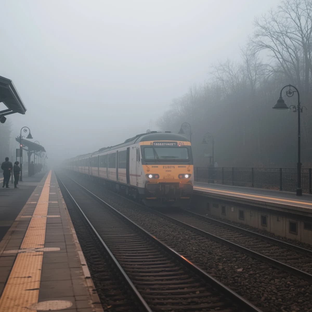 A commuter train enters a foggy little station.