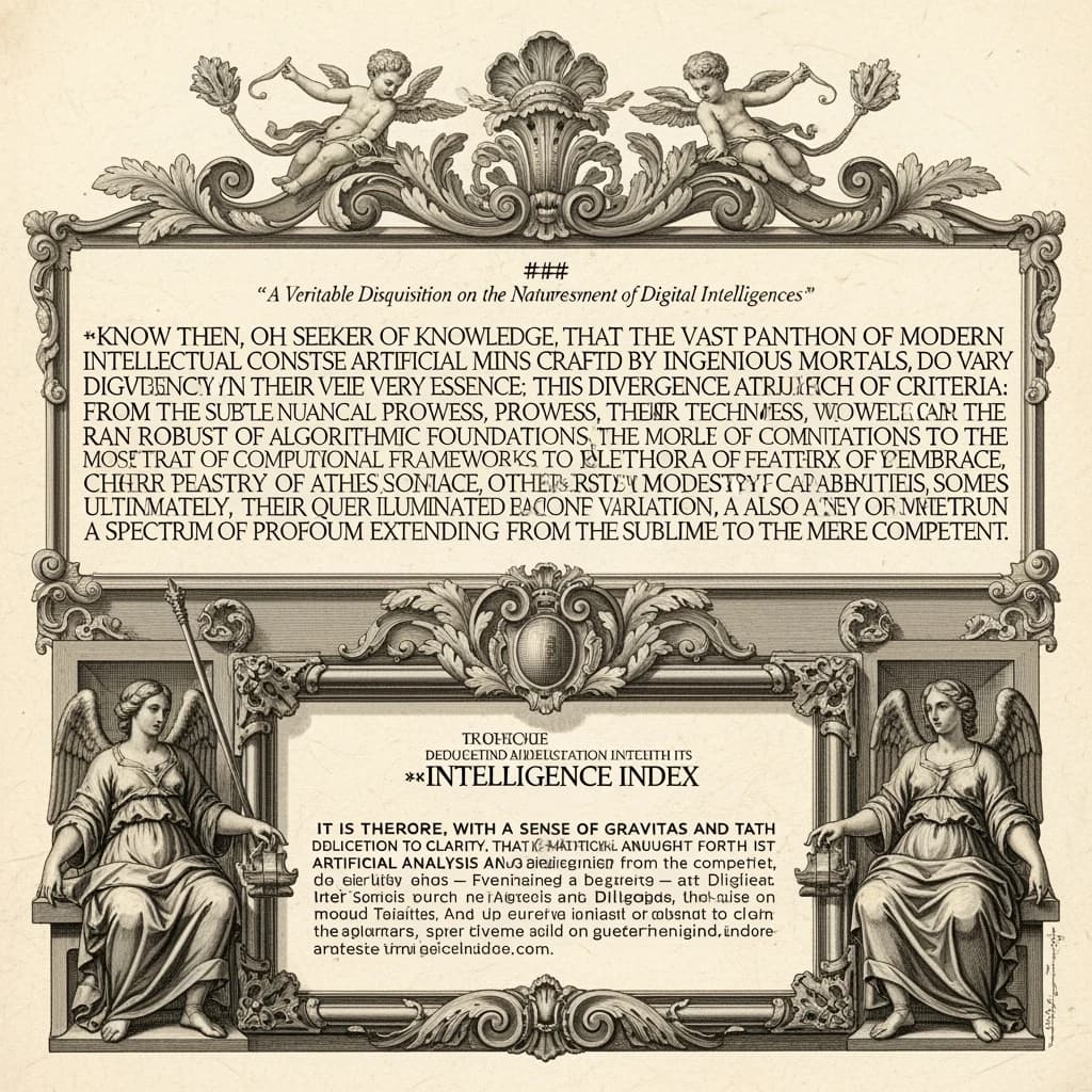 On a flat layout, write in an ornate baroque style "Models vary significantly between their technical performance, features and their quality. Artificial Analysis's intelligence index represents a generalist perspective and is useful as an indicator of the quality of responses. It is generally advisable to develop a short-list of models which best suit your use-case for customized use-case specific testing. "