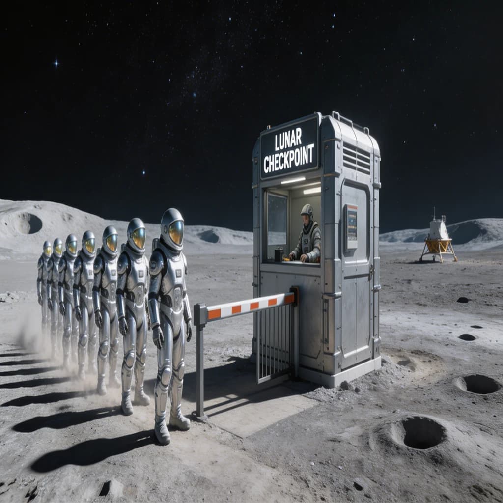 Silver exosuits queue at a dusty lunar checkpoint.