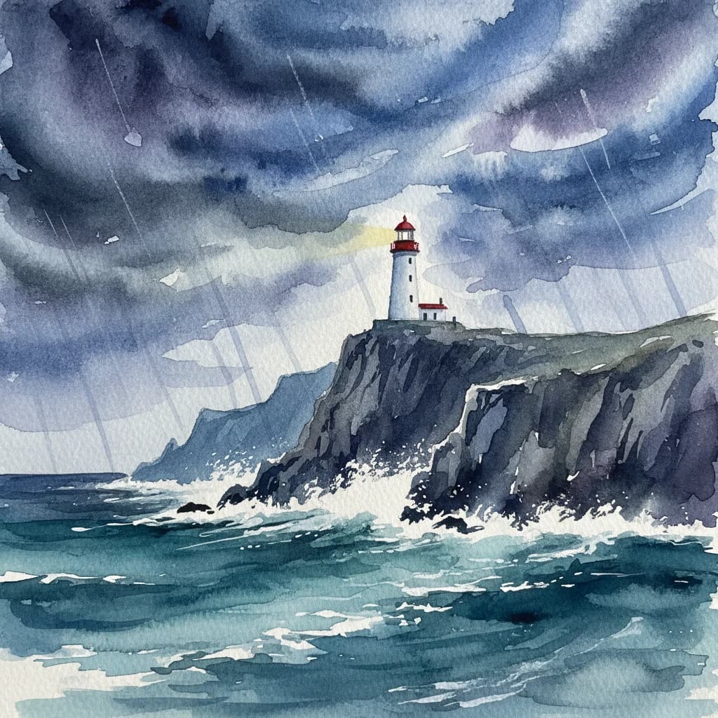 Please paint a watercolor of stormy cliffs and a lighthouse, moody sky.