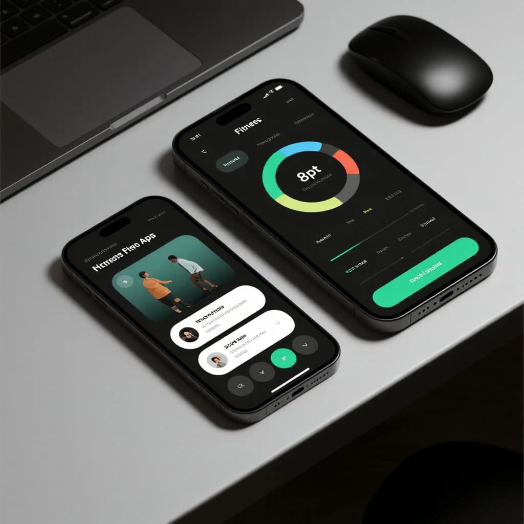Sleek mobile fitness app screens on a desk: dark mode home, progress dashboard, simple onboarding, clear 8 pt grid, slightly oversized buttons for thumb reach, muted colors.