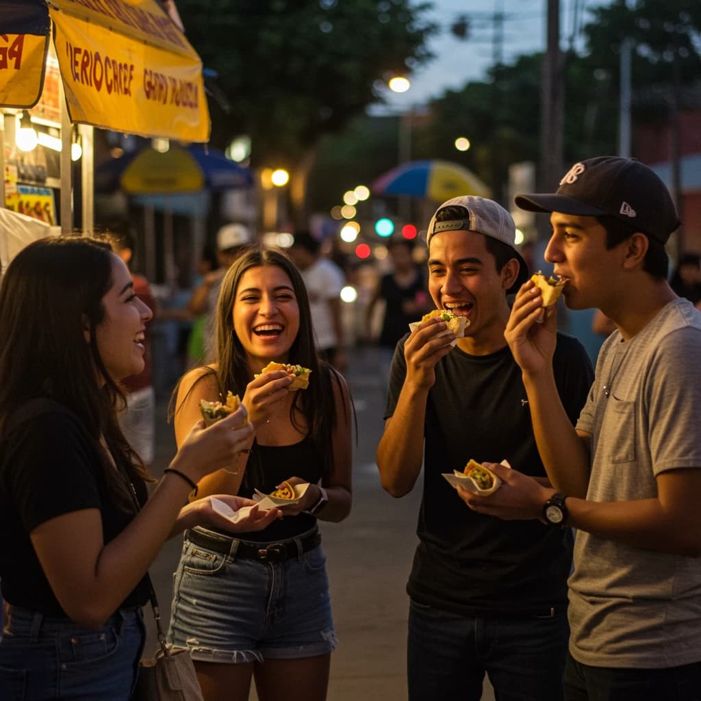 Friends laugh over street tacos at dusk, candid, shallow depth.