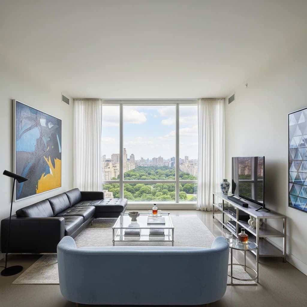 My apartment overlooks Central Park. It’s very luxurious, very expensive, and the furniture is minimal — a black leather couch, a glass coffee table with chrome legs, an Arne Jacobsen floor lamp. A big-screen television set rests on a steel shelving unit. A David Onica painting hangs above the couch. There’s a stainless steel and glass cocktail table. A powder-blue sofa. A thirty-inch digital TV.