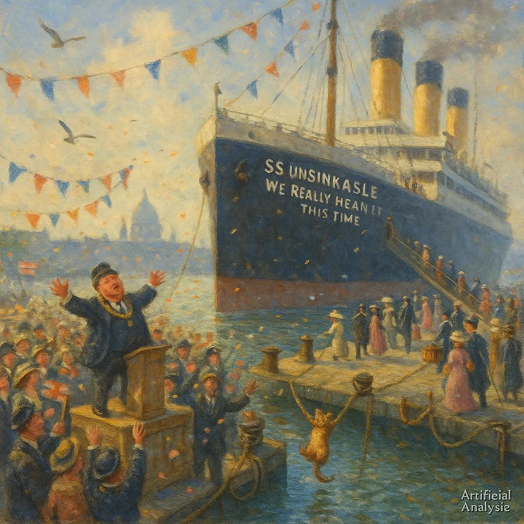 An impressionistic painting of the mighty steamer the "SS Unsinkable We Really Mean It This Time" on a cloudy but bright London morning about to set out on her maiden voyage. A jubilant crowd is gathered on the dock around the paunchy mayor who is making a speech, gesticulating wildly with his hands. The gangways are busy with well heeled ladies and gentlemen making their way onto the ship. A cheeky cat hangs over the water, clinging to the mooring rope after an ill-fated attempt to climb up. The artist has signed his name "Artificial Analysis" in the bottom corner