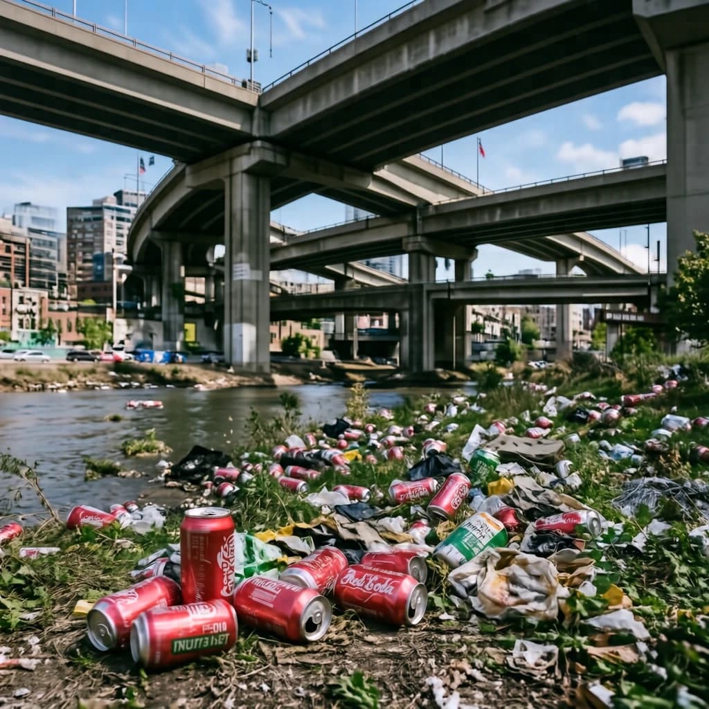 Red soda cans and other garbage sit strewn across the bank of an urban river only a few metres wide. Concrete overpasses criss cross overhead on a bright and sunny day. Fading skywriting proposes marriage