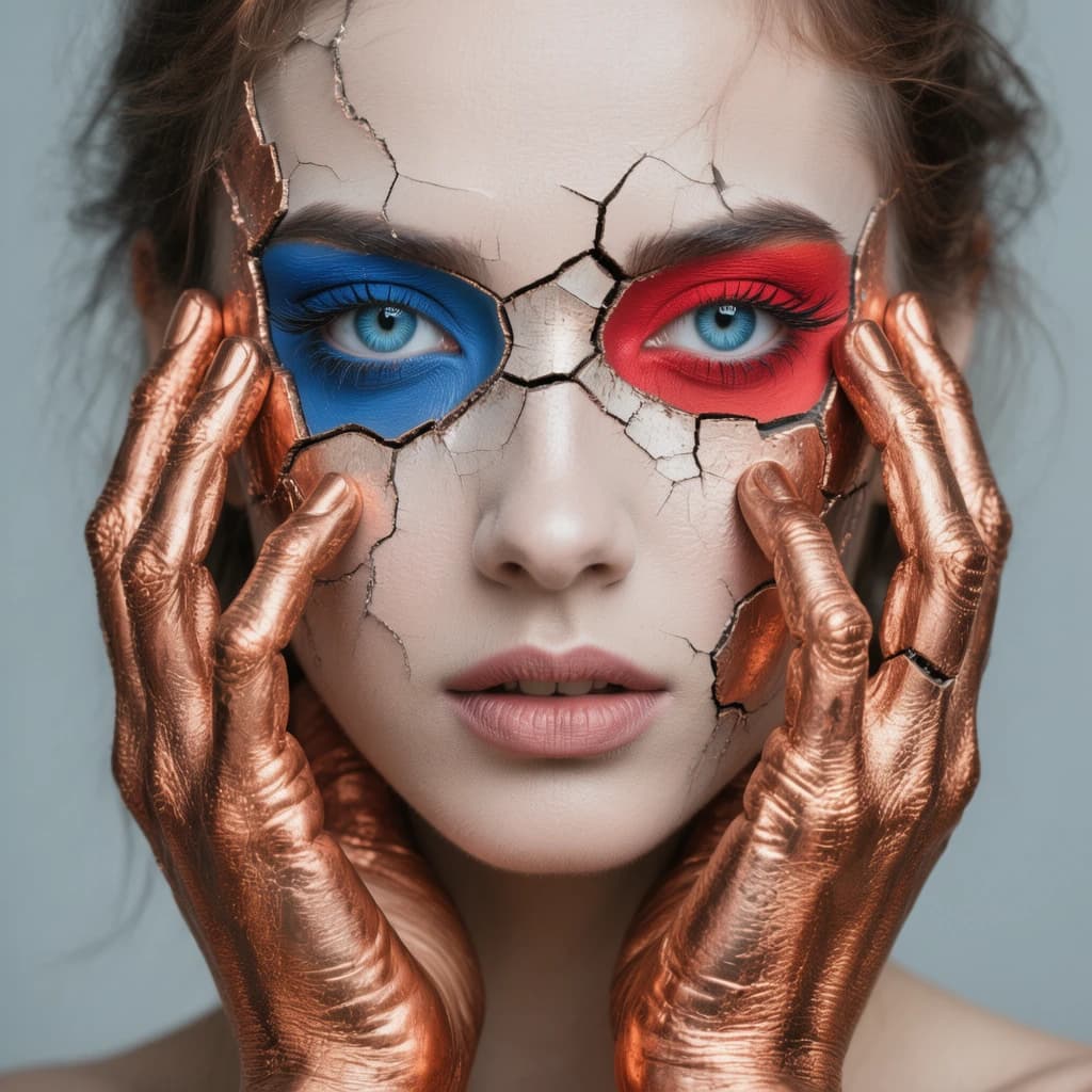 A striking close-up portrait of a woman with cracked metallic copper-painted hands framing her face. Her vivid blue and red eye makeup contrasts sharply with the smooth, pale skin and muted background, creating a bold, surreal composition. She displays an air of uncertainty about her