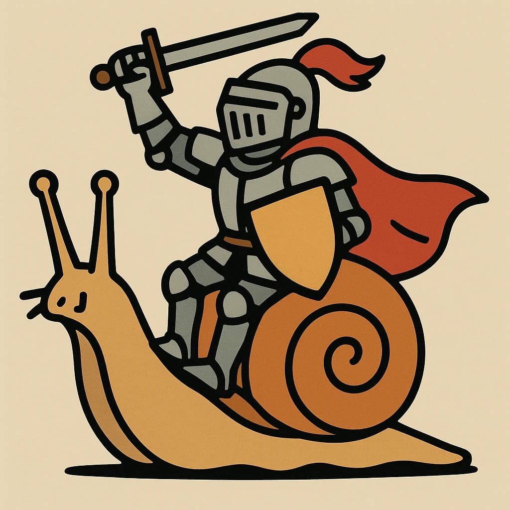 A knight rides a snail, bold lines, flat color.