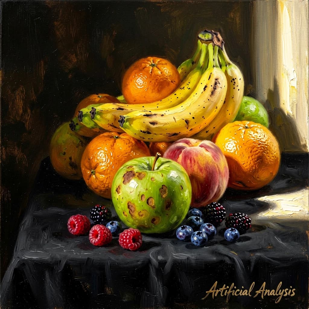 A still life scene painted oil on canvas, comprising various fruits on a black table cloth with striking lighting coming from the right out of frame, creating strong shadows. A bruised green apple is in the foreground, a peach behind it, and behind that a melange of oranges and bananas in various states of ripeness. Berries are strewn in front of the apple. The artist has signed his name "Artificial Analysis" in the bottom right corner in a hurried fashion.