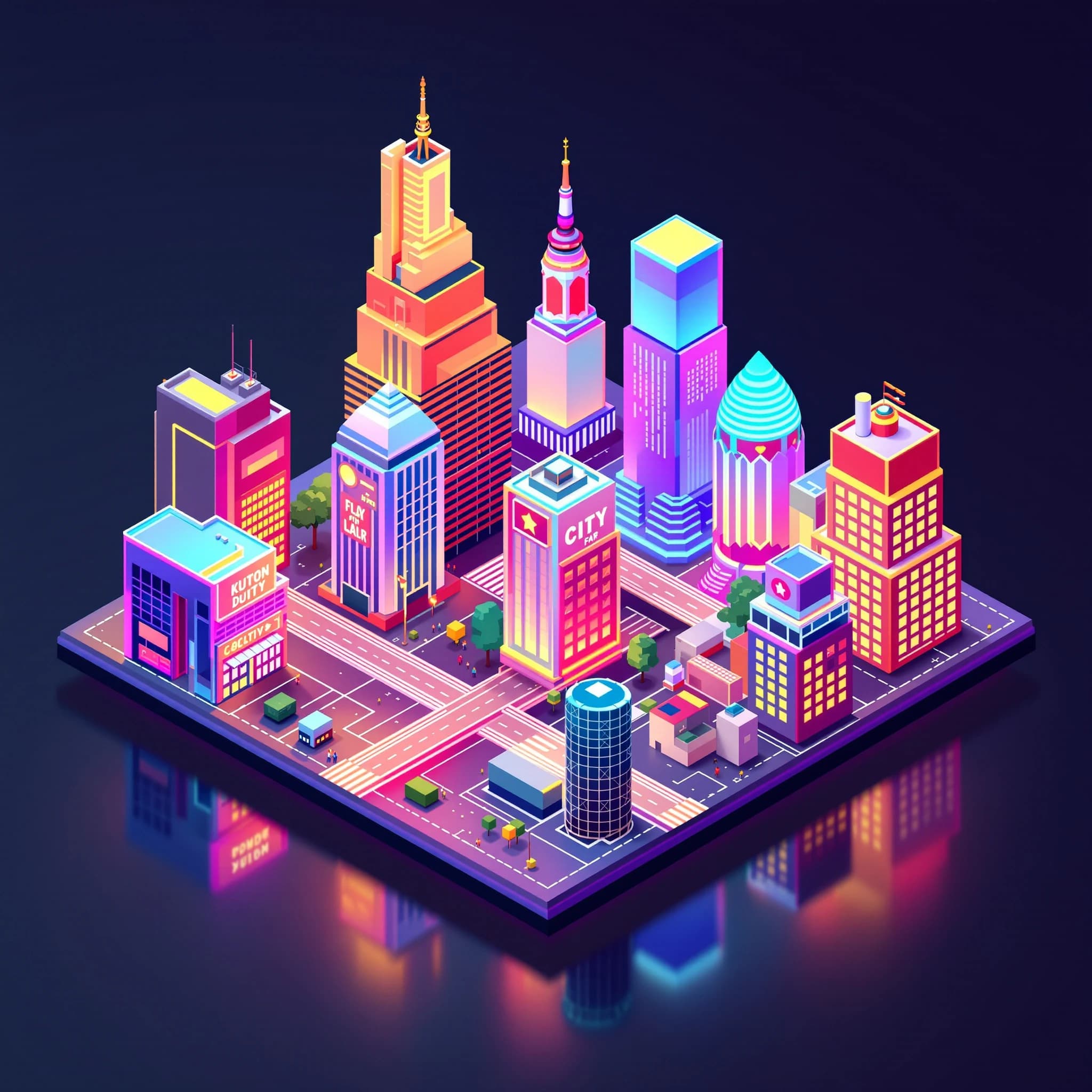 Render an isometric city poster with geometric buildings, neon gradients, gloss highlights, soft AO shadows, clean sans-serif lettering, grid layout, reflections a bit overexposed.