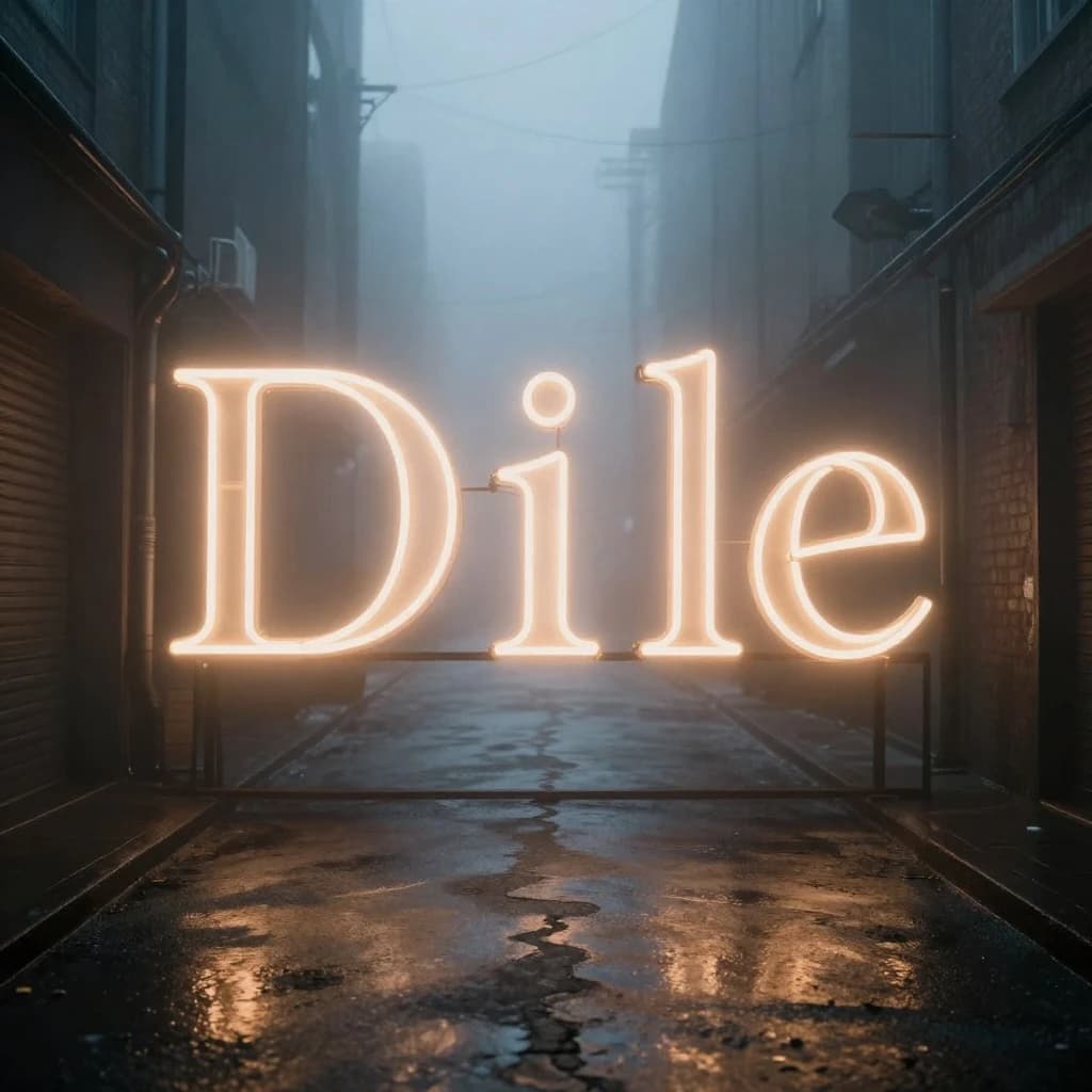 Neon serif letters flicker in a foggy alley, wet asphalt glowing a bit.